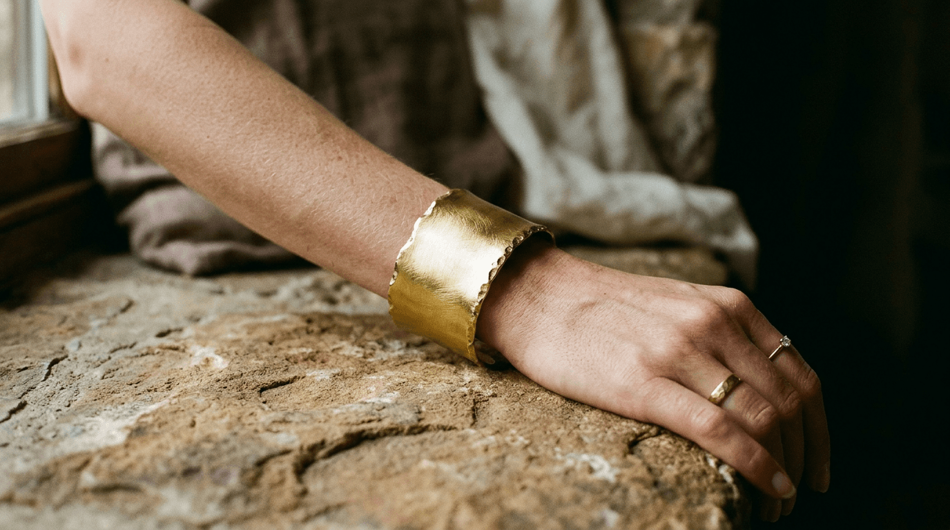 A wide brushed gold cuff with a forged edge worn on a wrist resting on stone