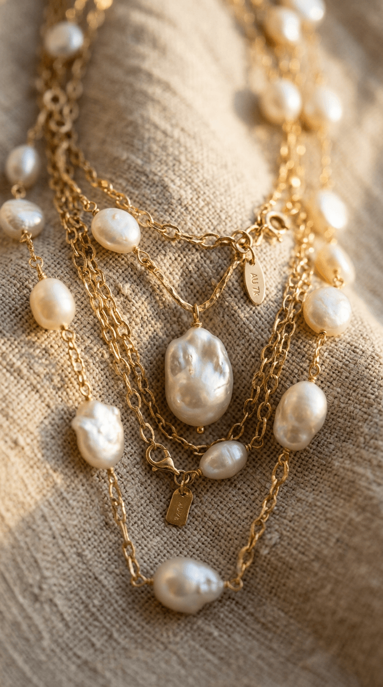 Layered gold chain necklaces with baroque pearls draped over linen