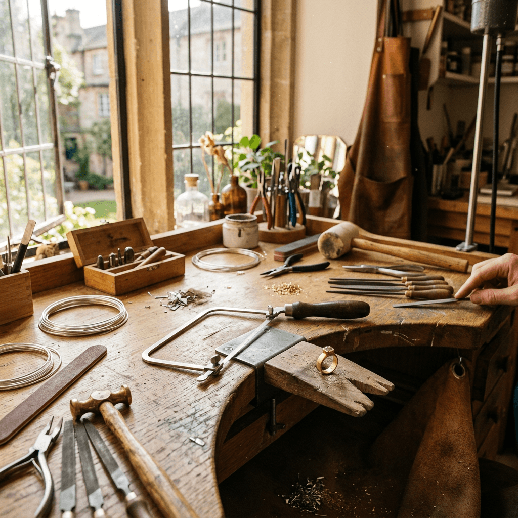 A jeweler's wooden workbench with hand tools and an unfinished gold ring in afternoon light